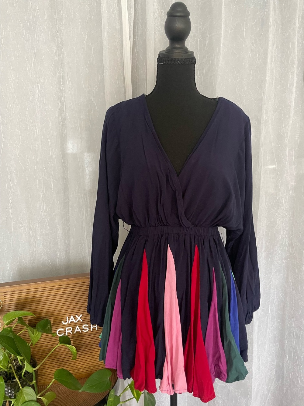 L'ATISTE Navy Long-Sleeve Mini Dress with Multicolor Pleated Panels